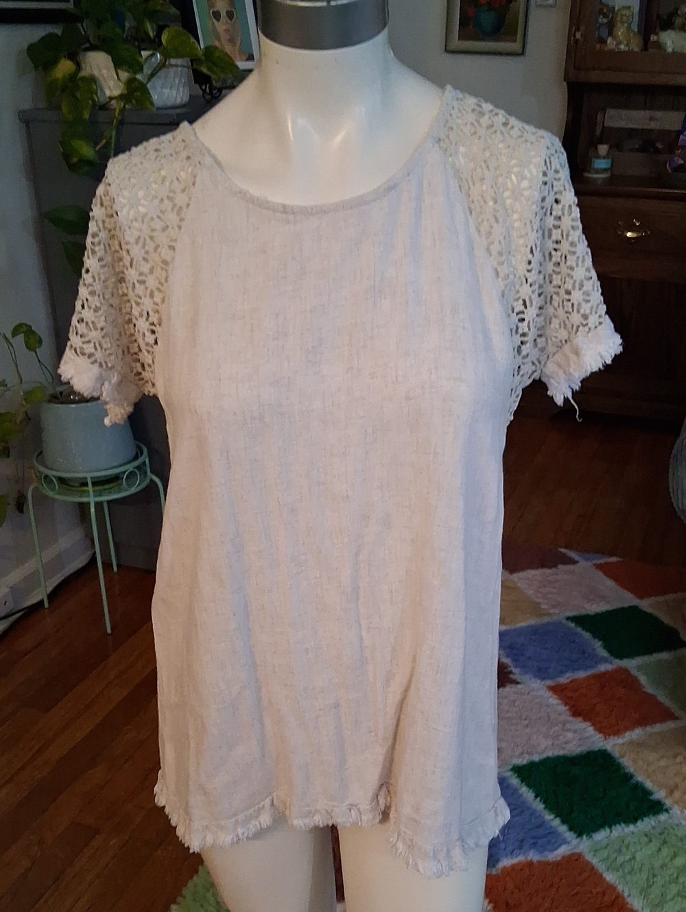 Umgee Cream Crochet Raglan Sleeve Tunic Top